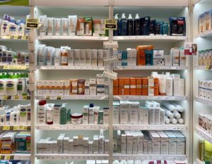 Skincare and cosmetics products on retail shelves