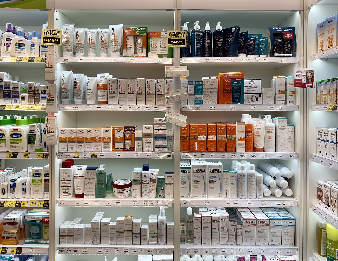 Skincare and cosmetics products on retail shelves